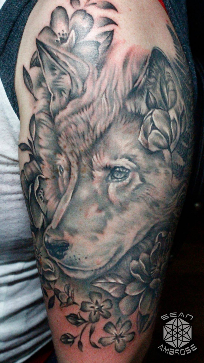 Custom realistic black and gray wolf tattoo by Sean Ambrose of Arrows and Embers Tattoo in Concord, New Hampshire (NH). Sean specializes in realism and surrealism custom Tattoos. He has been awarded as the Best Tattoo Artist in NH multiple years from multiple publications, and also won handfuls of awards for his tattoos and art.