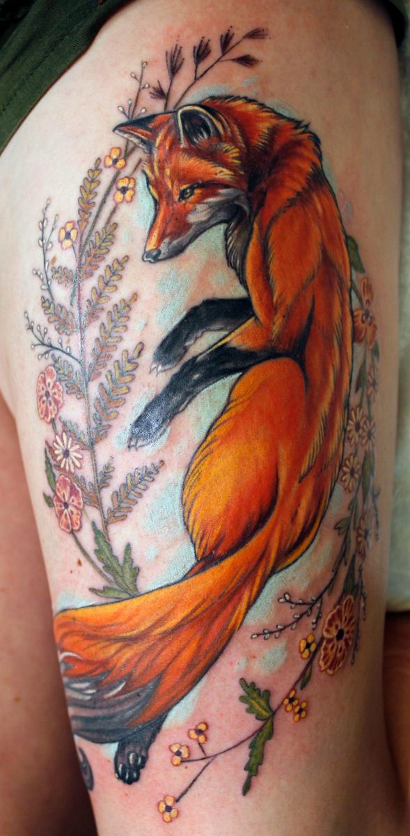 Custom realistic colorful botanical Fox and fern tattoo by Sean Ambrose of Arrows and Embers Tattoo in Concord, New Hampshire (NH). Sean specializes in realism and surrealism custom Tattoos. He has been awarded as the Best Tattoo Artist in NH multiple years from multiple publications, and also won handfuls of awards for his tattoos and art.