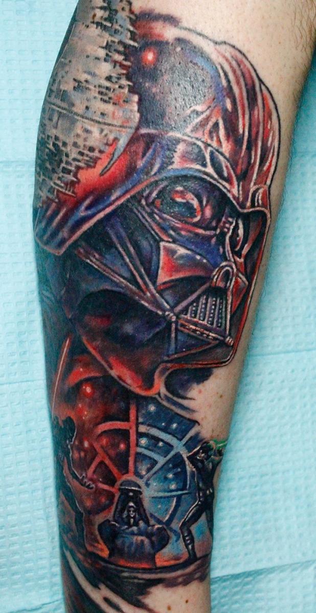 Custom realistic colorful Star Wars Darth Vader tattoo by Sean Ambrose of Arrows and Embers Tattoo in Concord, New Hampshire (NH). Sean specializes in realism and surrealism custom Tattoos. He has been awarded as the Best Tattoo Artist in NH multiple years from multiple publications, and also won handfuls of awards for his tattoos and art.